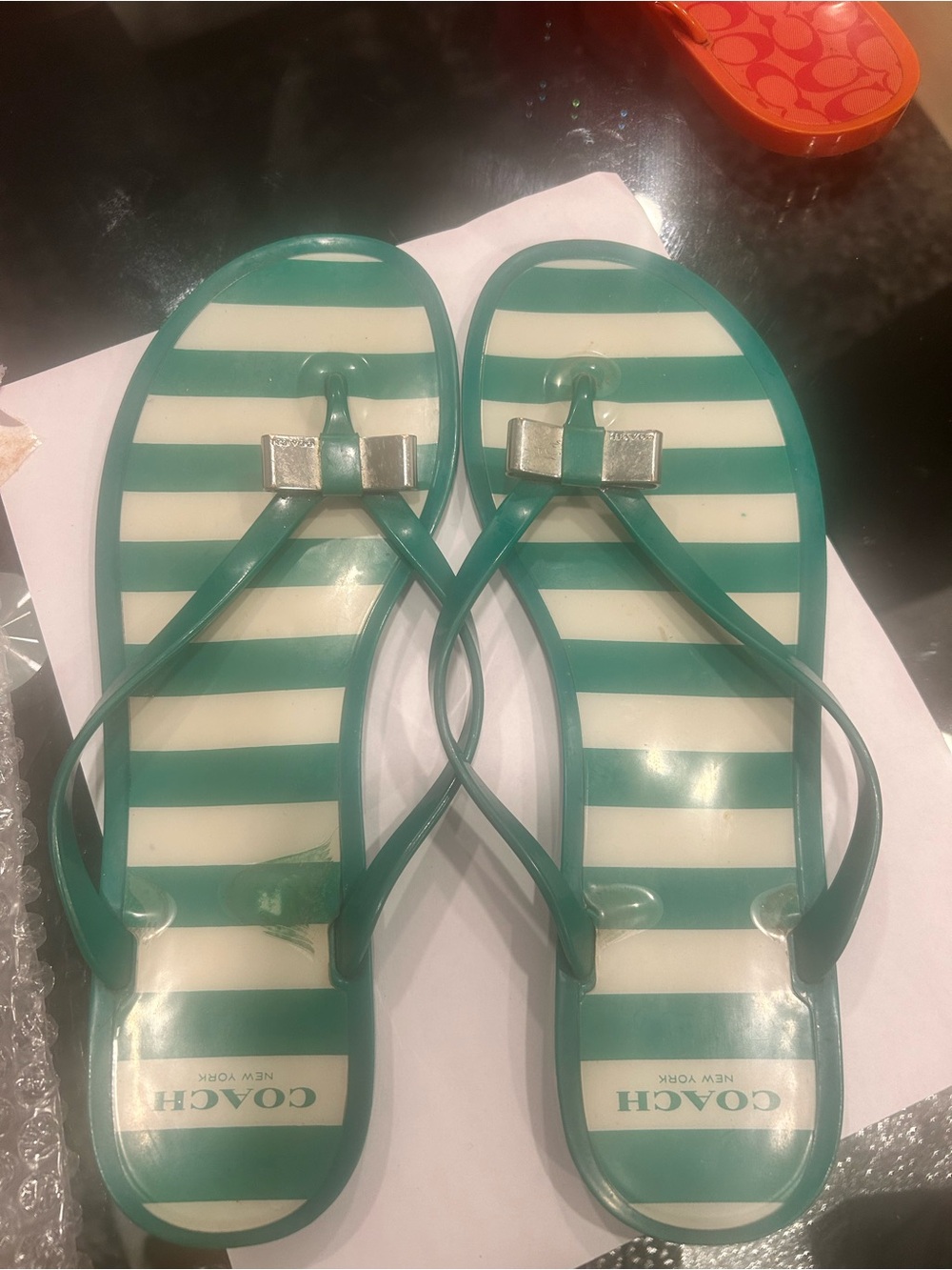 COACH Green & White , orange red Striped Jelly Bow Sandals size 9-9.5